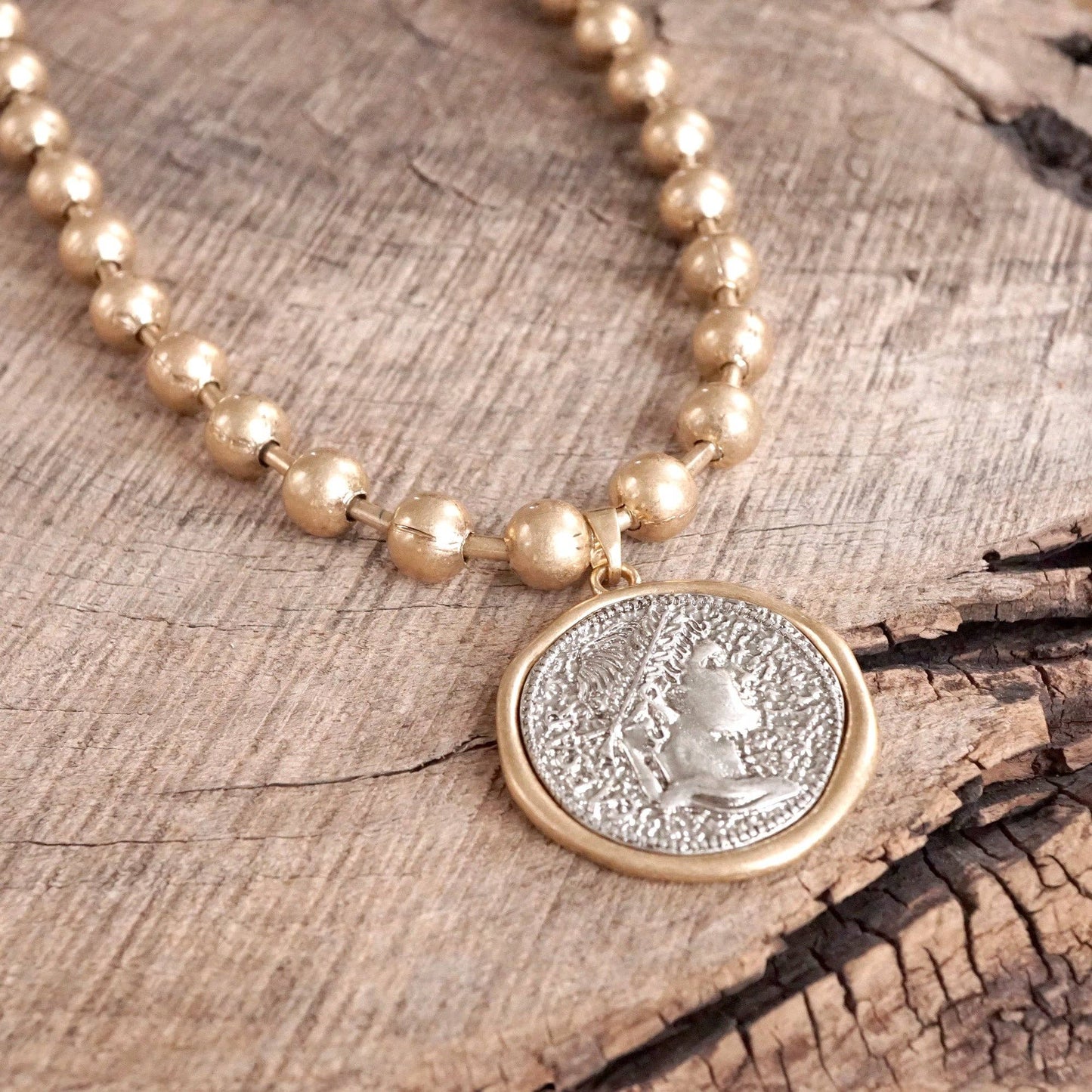 Gold Coin Chunky Ball Chain Statement Necklace