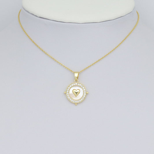 Clear CZ Around Gold Heart On Round Coin Charm Pendant
