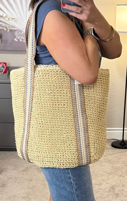 Embroidered Strap Straw Knit Tote Bag/Ivory/FINAL SALE