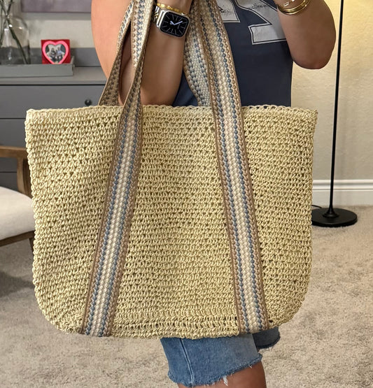 Embroidered Strap Straw Knit Tote Bag/Ivory/FINAL SALE