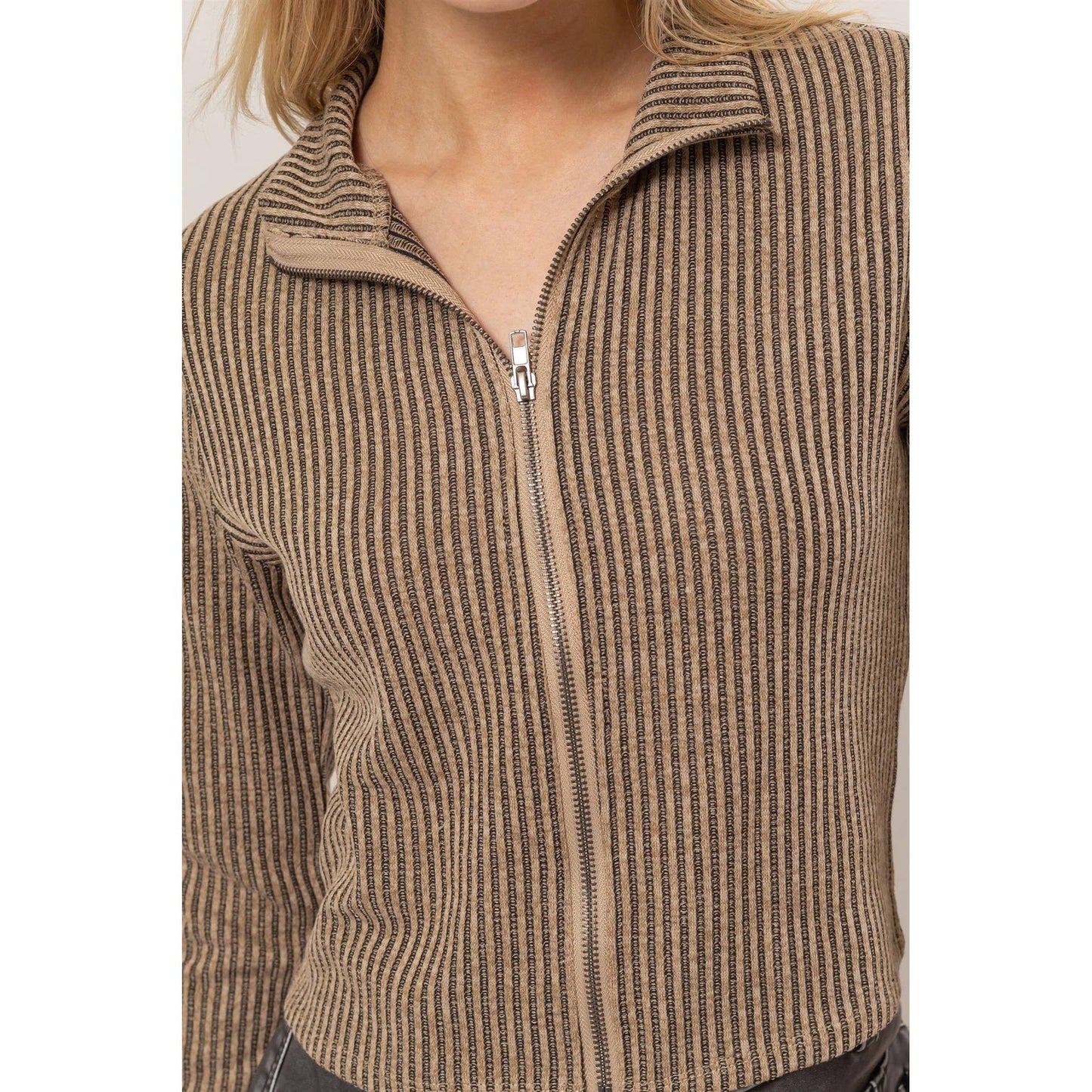 Mellow Striped Zip-Up Knit Top