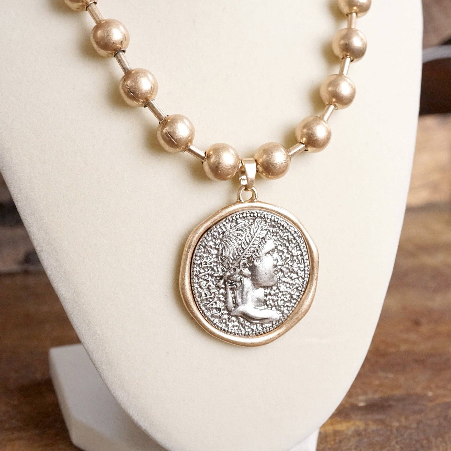 Gold Coin Chunky Ball Chain Statement Necklace