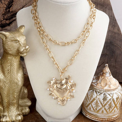 Spiky Heartbound Muse – Long Heart Necklace in Gold & Pearls