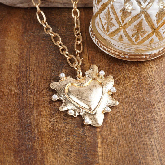Spiky Heartbound Muse – Long Heart Necklace in Gold & Pearls