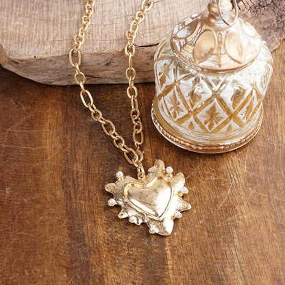 Spiky Heartbound Muse – Long Heart Necklace in Gold & Pearls