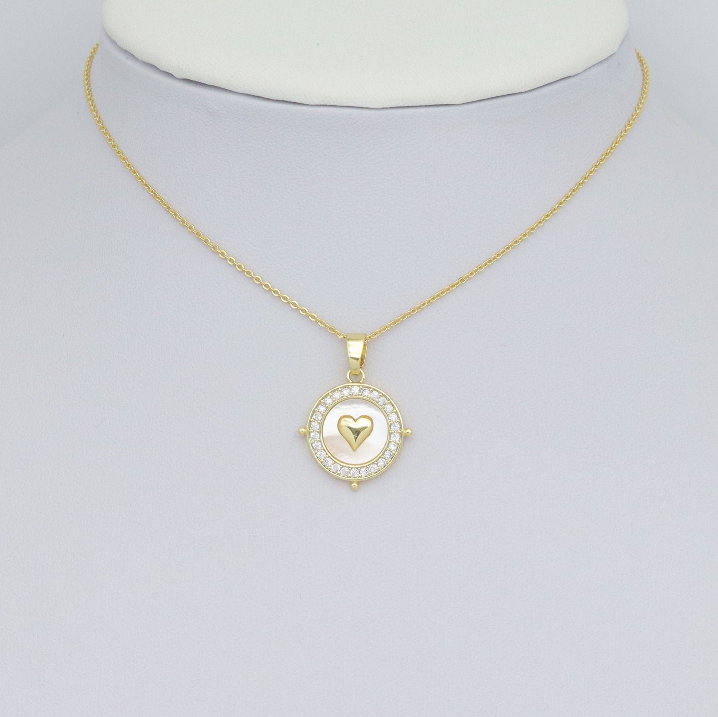 Clear CZ Around Gold Heart On Round Coin Charm Pendant