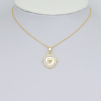 Clear CZ Around Gold Heart On Round Coin Charm Pendant