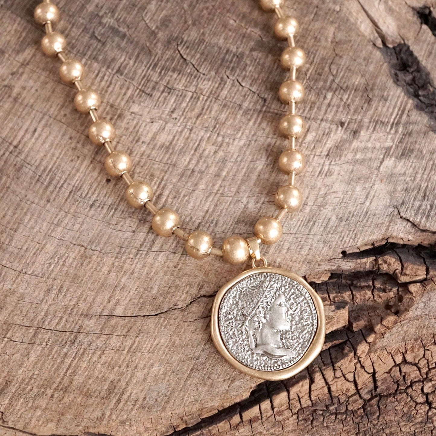 Gold Coin Chunky Ball Chain Statement Necklace