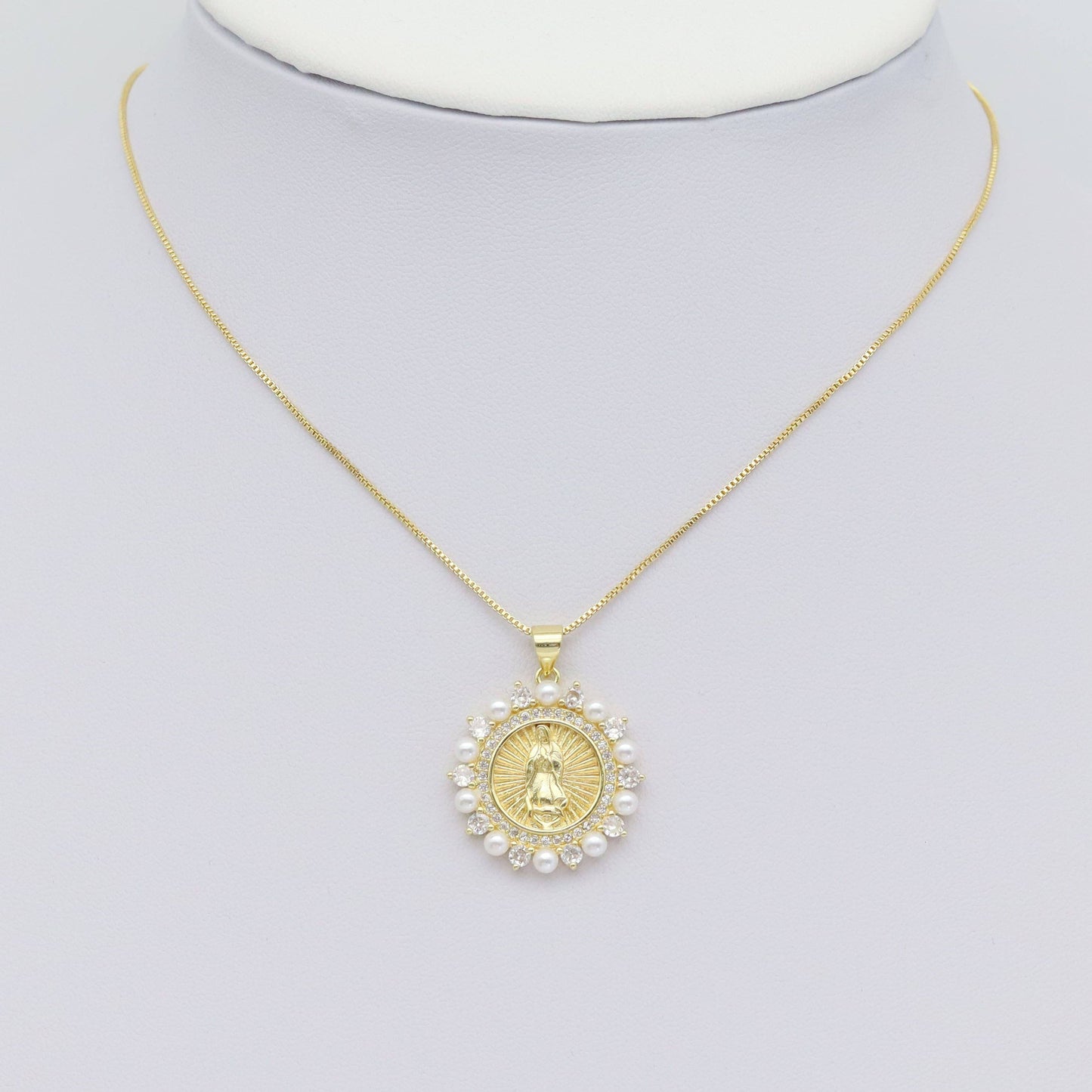 Virgin Mary On Round Coin White Pearl Charm