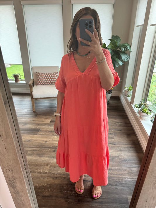 Sunset Crinkle Gauze Midi Dress/Apricot/FINAL SALE