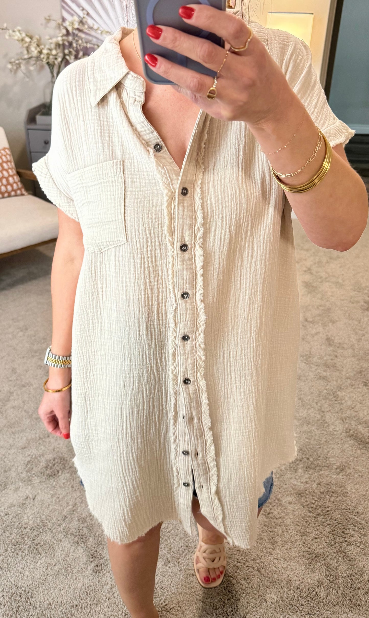 Jovi Gauze Button Down Shirt Dress/Sand Beige/FINAL SALE