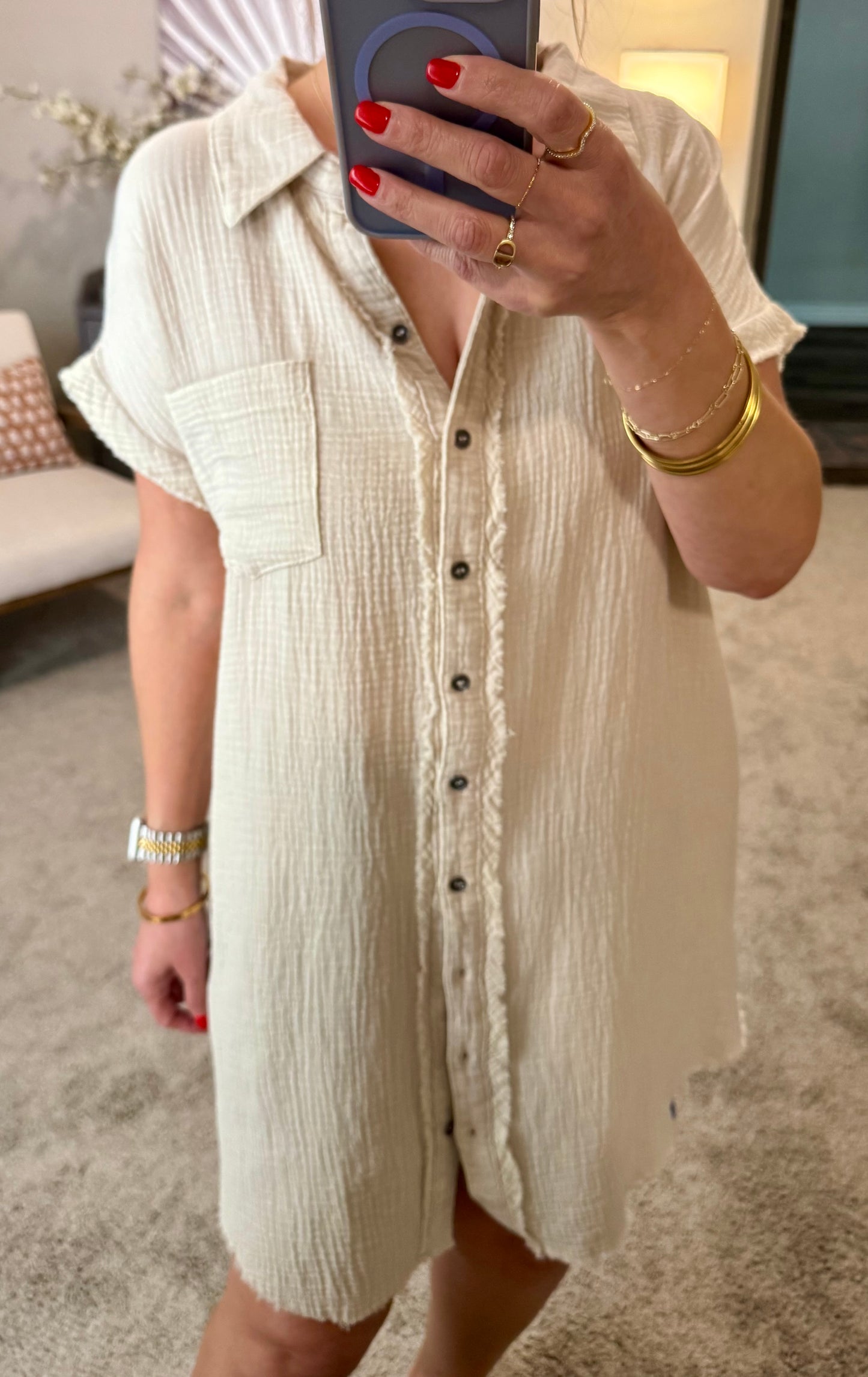 Jovi Gauze Button Down Shirt Dress/Sand Beige/FINAL SALE