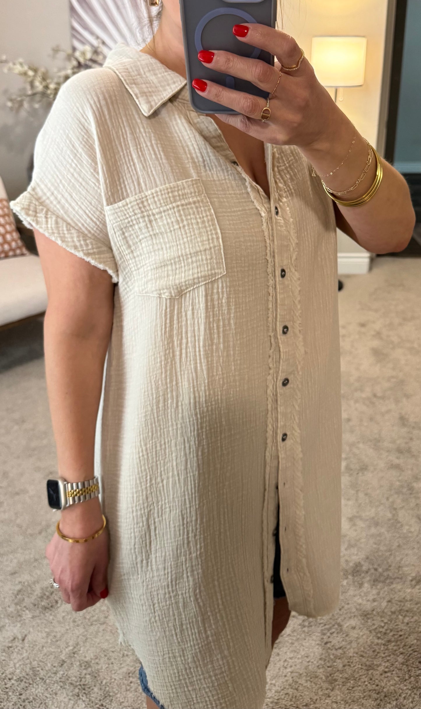 Jovi Gauze Button Down Shirt Dress/Sand Beige/FINAL SALE