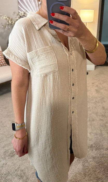 Jovi Gauze Button Down Shirt Dress/Sand Beige/FINAL SALE