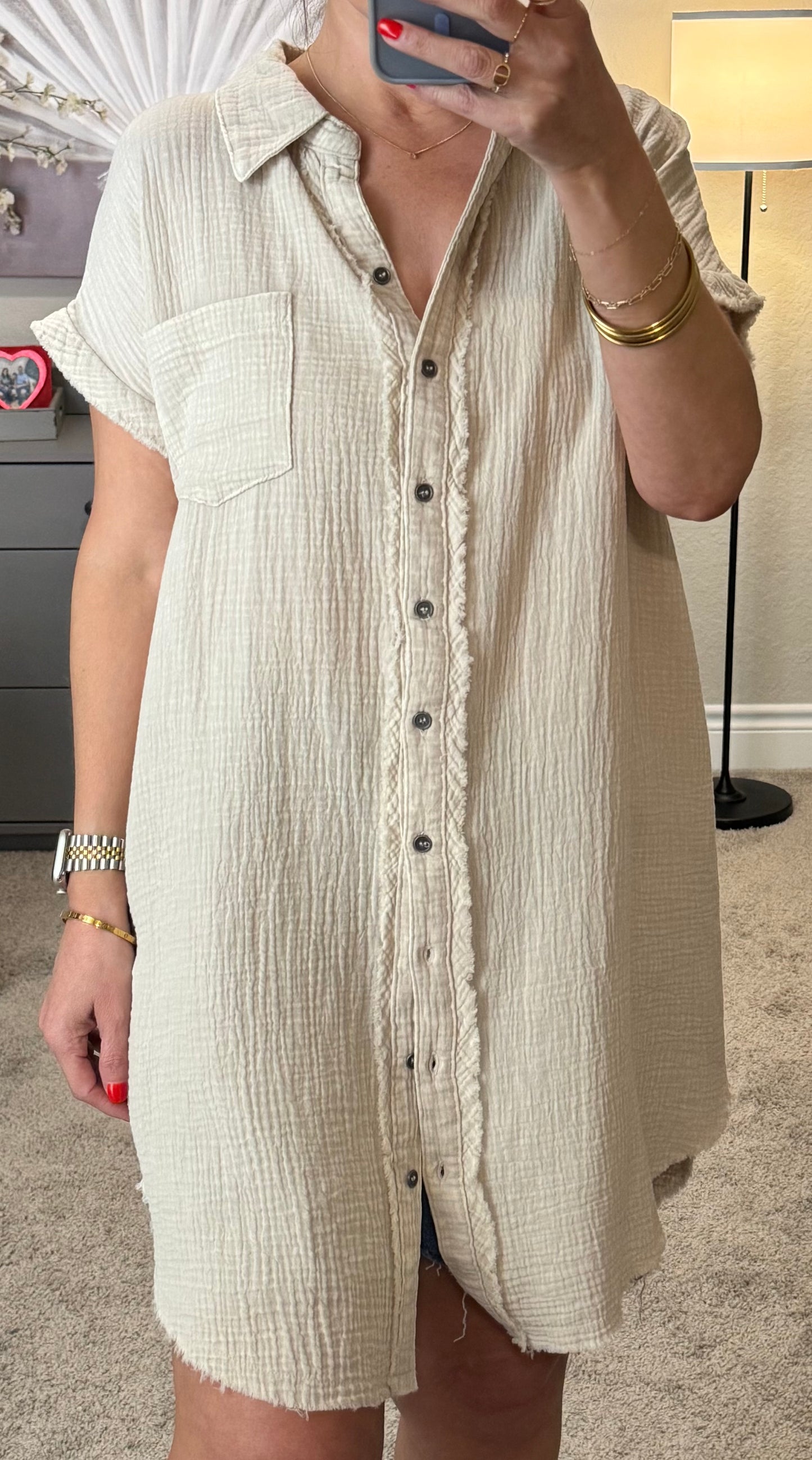 Jovi Gauze Button Down Shirt Dress/Sand Beige/FINAL SALE