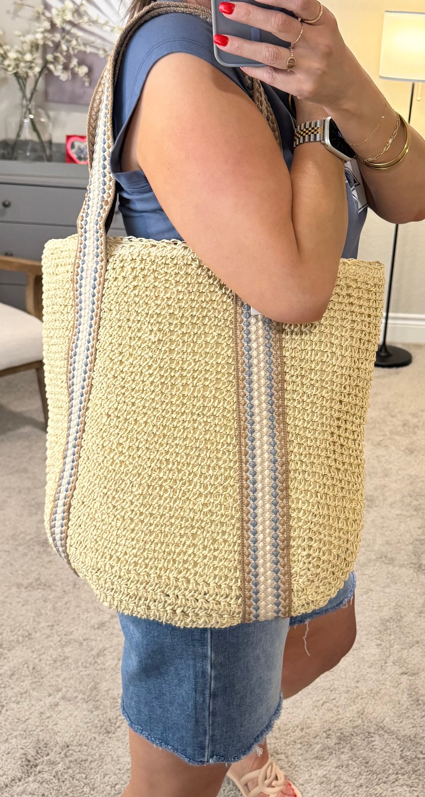 Embroidered Strap Straw Knit Tote Bag/Ivory/FINAL SALE
