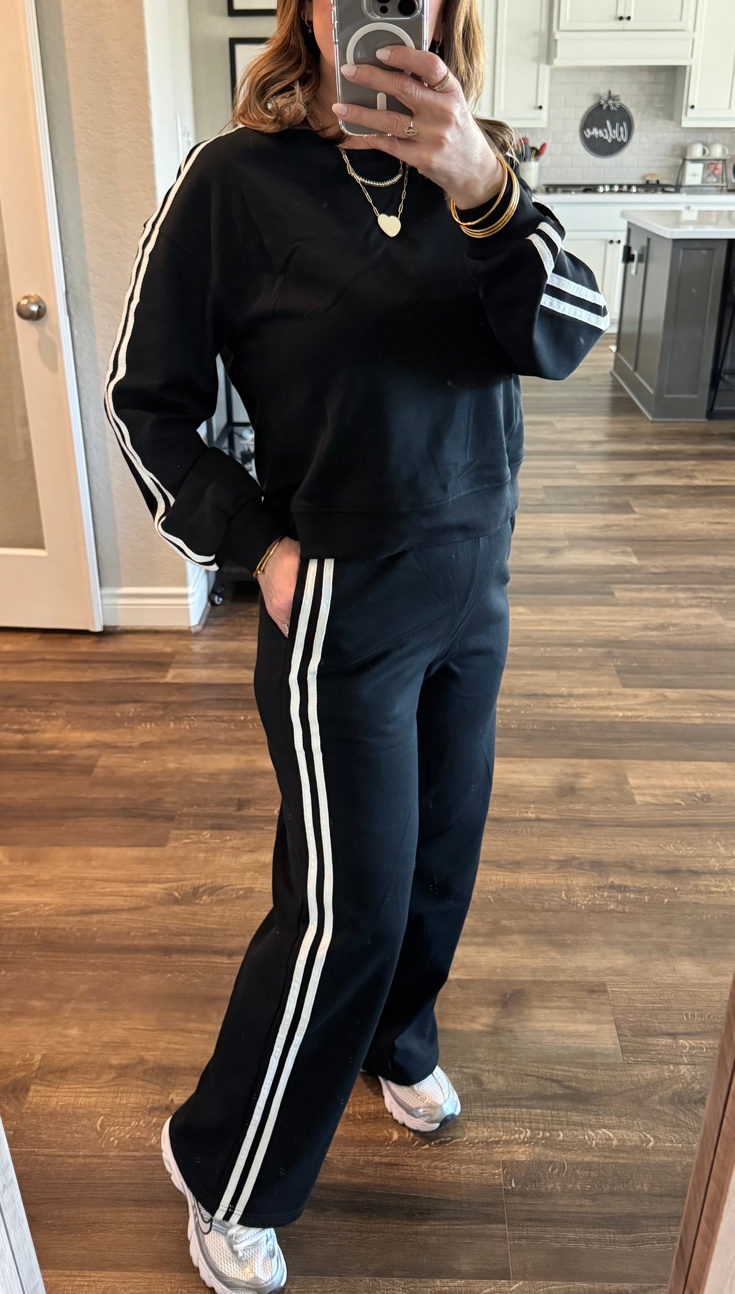 Black Varsity Striped Crewneck 2 Piece Set