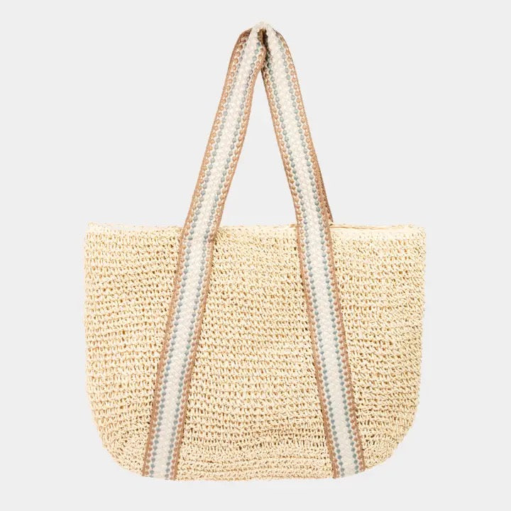 Embroidered Strap Straw Knit Tote Bag/Ivory/FINAL SALE