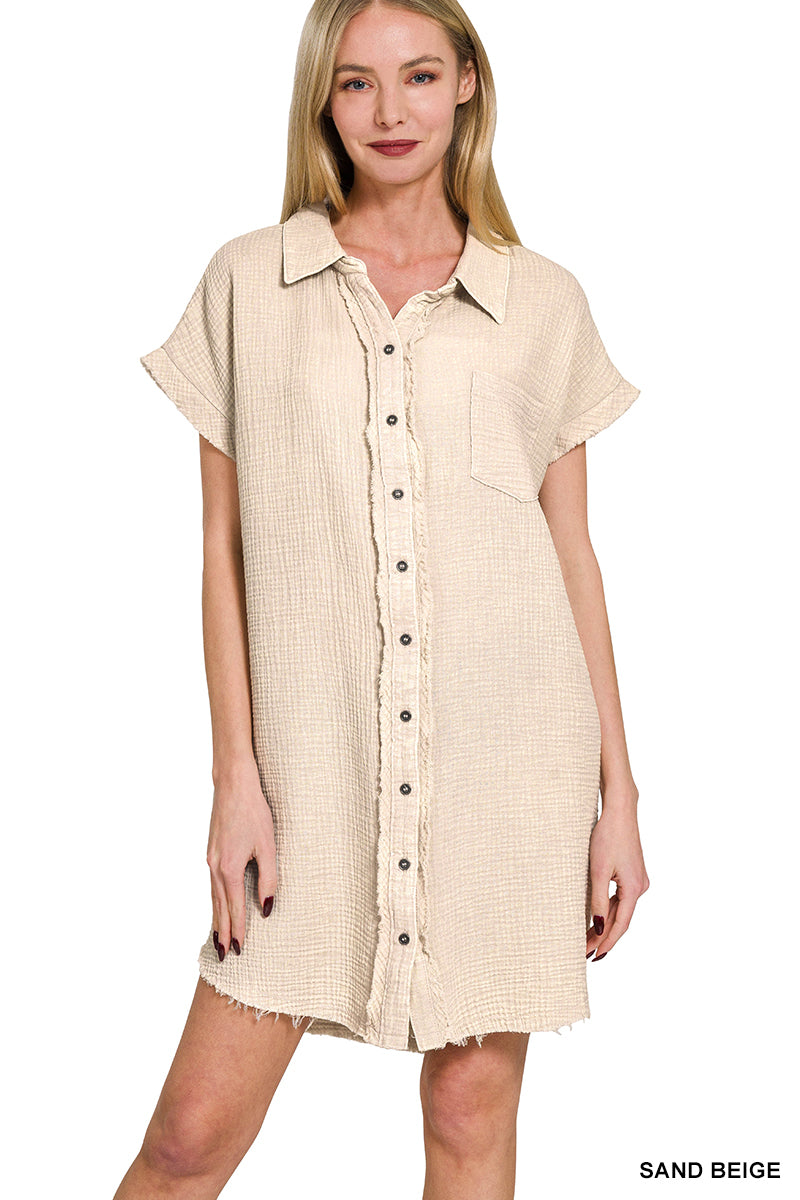 Jovi Gauze Button Down Shirt Dress/Sand Beige/FINAL SALE