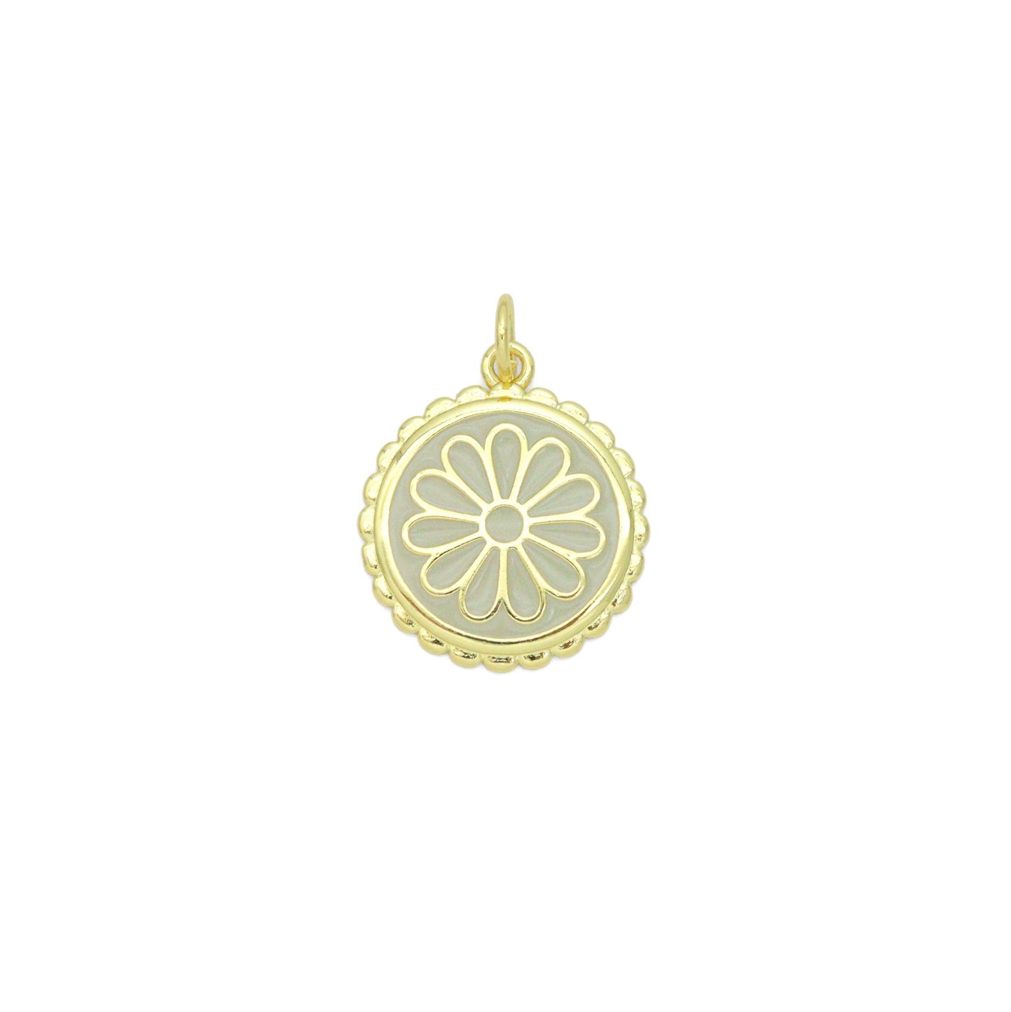 White Enamel Flower On Round Gold Charm Pendant