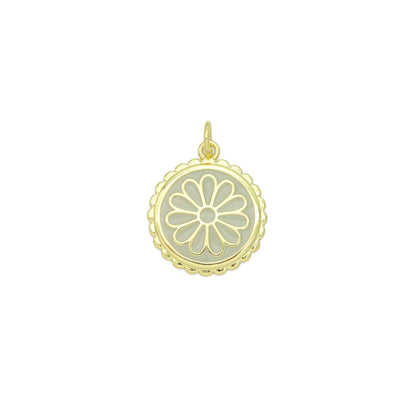 White Enamel Flower On Round Gold Charm Pendant