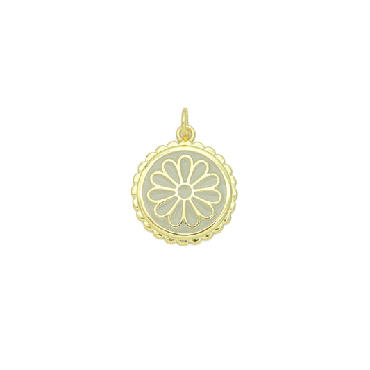 White Enamel Flower On Round Gold Charm Pendant