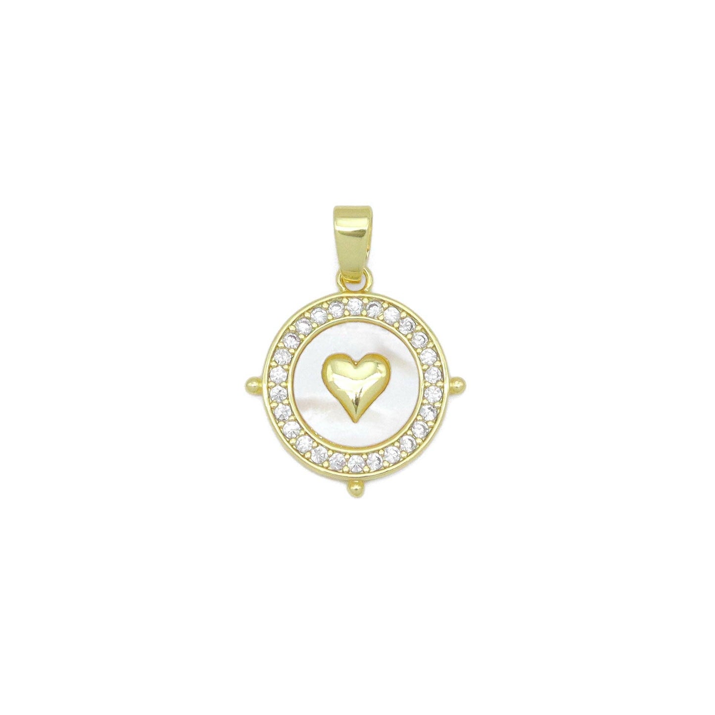 Clear CZ Around Gold Heart On Round Coin Charm Pendant