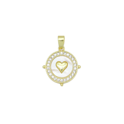 Clear CZ Around Gold Heart On Round Coin Charm Pendant
