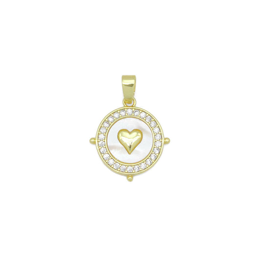 Clear CZ Around Gold Heart On Round Coin Charm Pendant