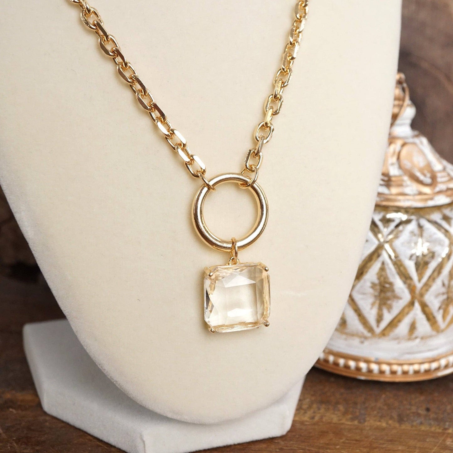 Clear Square Crystal Pendant Chain Necklace