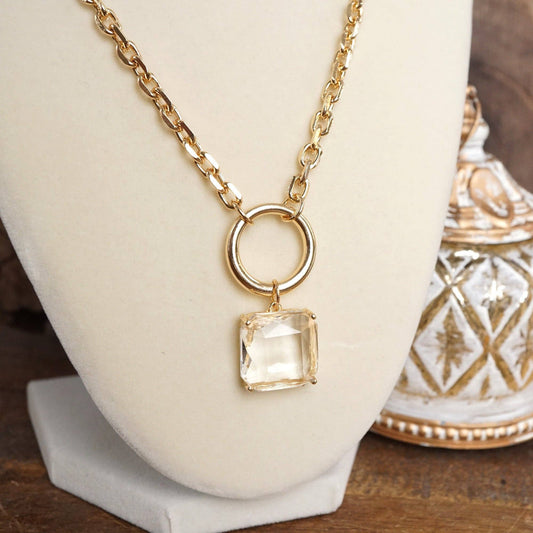 Clear Square Crystal Pendant Chain Necklace