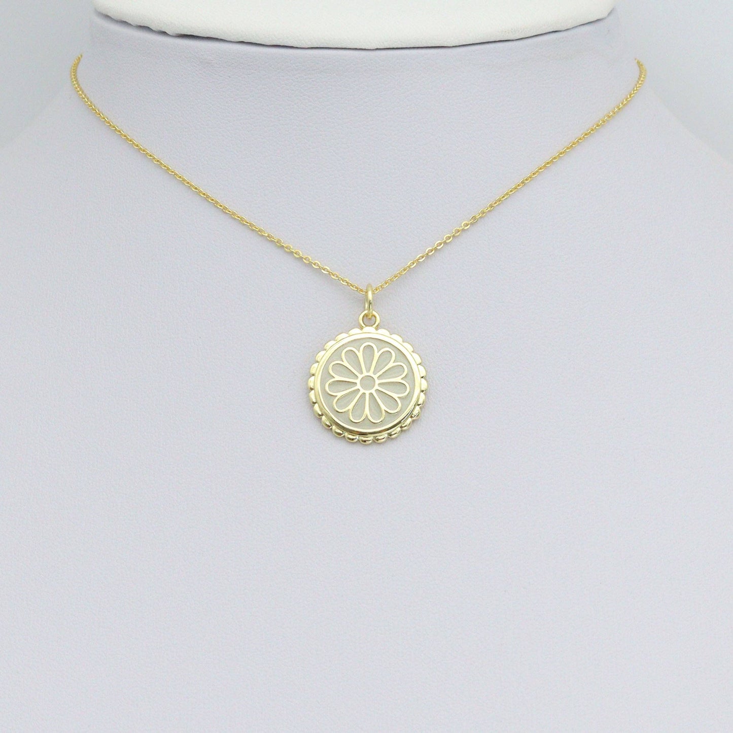White Enamel Flower On Round Gold Charm Pendant