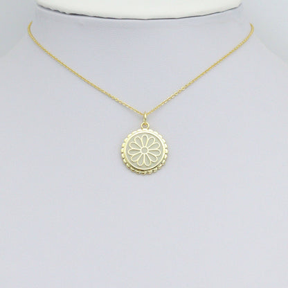 White Enamel Flower On Round Gold Charm Pendant