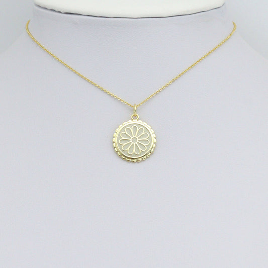 White Enamel Flower On Round Gold Charm Pendant