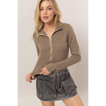 Mellow Striped Zip-Up Knit Top